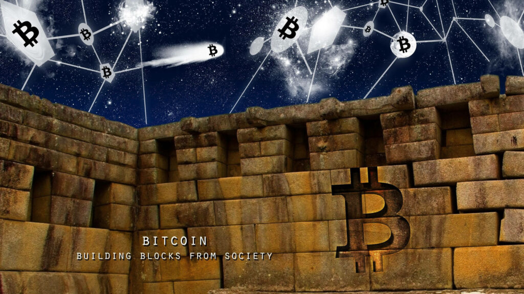 Ancient stone structures under night sky with glowing Bitcoin symbols symbolizing innovation Wallpaper
