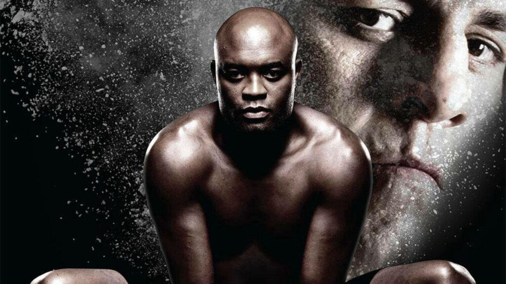 Anderson Silva intense focused squat with dramatic close up face dynamic MMA wallpaper background