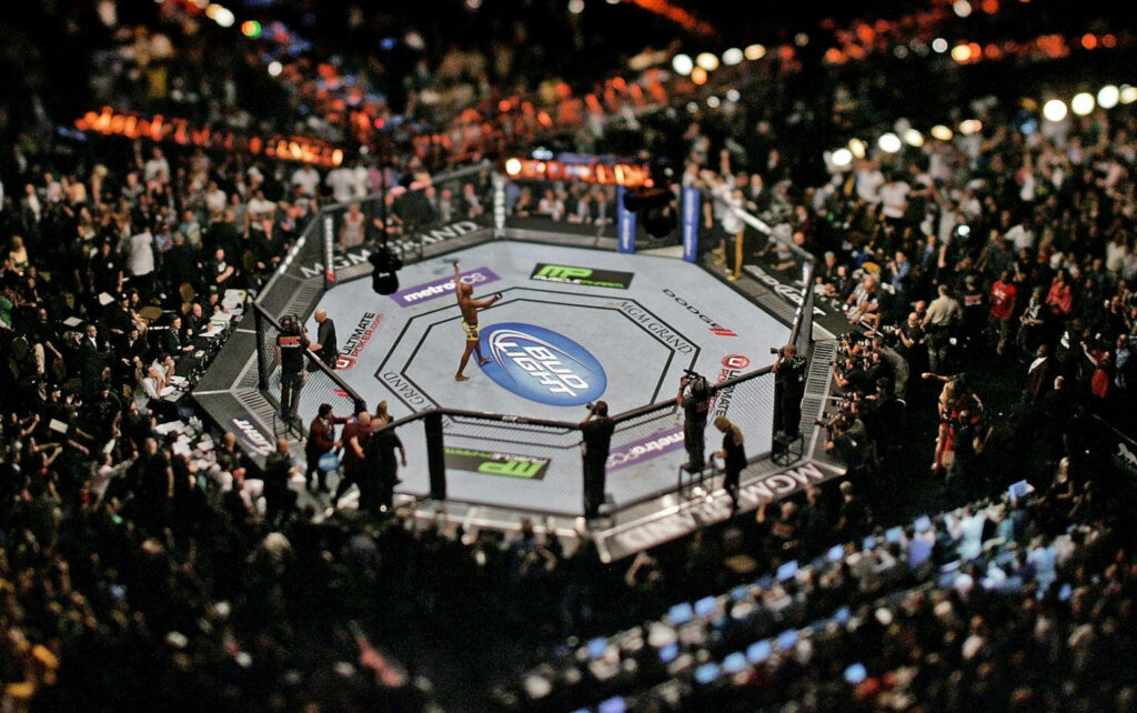 Overhead view of Anderson Silva in UFC octagon with energetic crowd during championship fight night Wallpaper