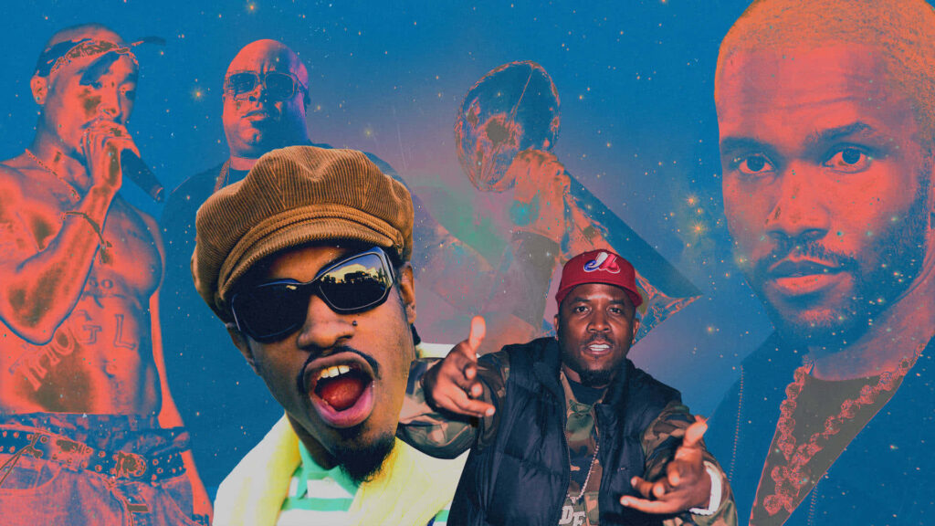 André 3000 and Big Boi hip-hop duo collage wallpaper with vibrant cosmic artistic background