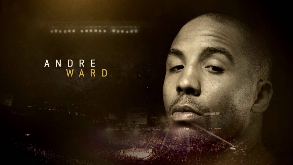 Close-up cinematic portrait of boxing legend Andre Ward with gold sepia tones arena background Wallpaper
