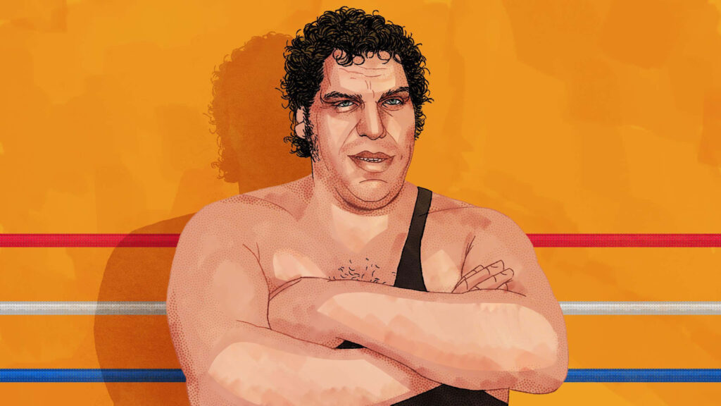 Realistic portrait of André the Giant with crossed arms against orange background and wrestling ropes Wallpaper