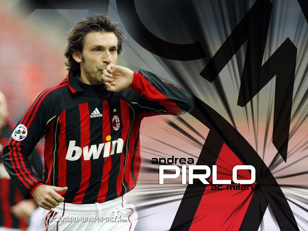 Andrea Pirlo celebrating goal in iconic AC Milan kit with dynamic graphics and highlighted name Wallpaper