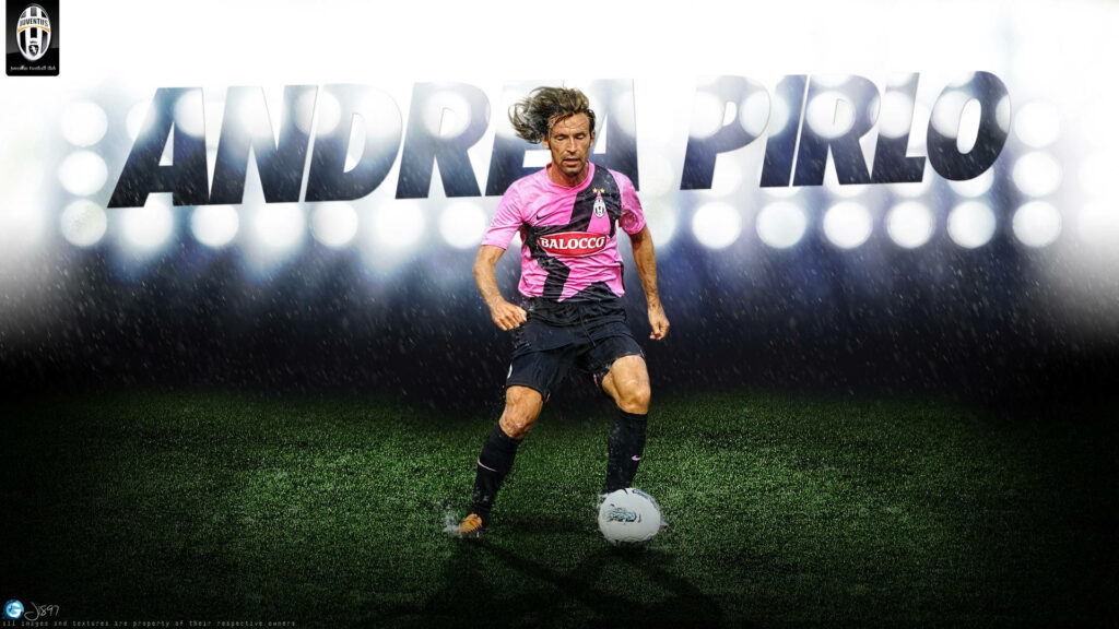 Andrea Pirlo in action on field with dramatic spotlights and bold name in background wallpaper