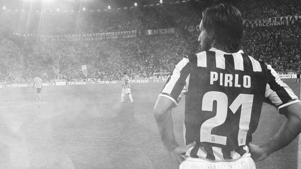 Andrea Pirlo Juventus jersey grayscale wallpaper intense match atmosphere football field