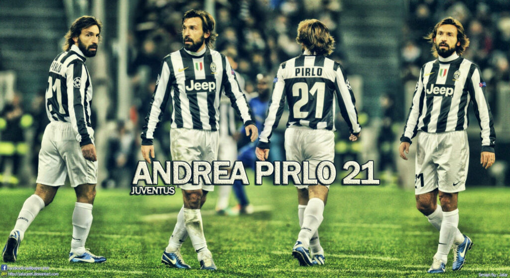 Andrea Pirlo Juventus wallpaper showing front and back views with iconic number 21 jersey