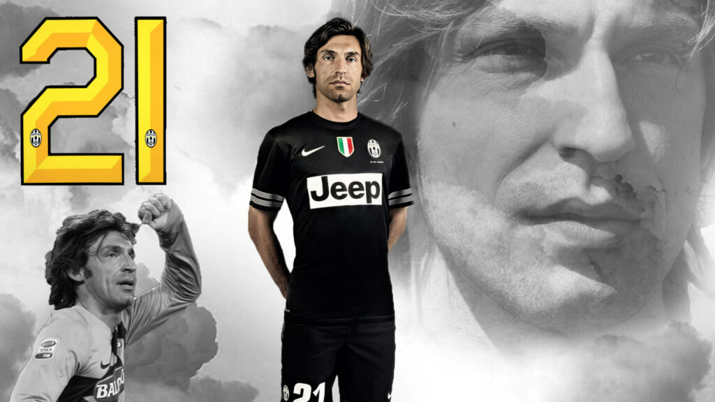 Andrea Pirlo Juventus kit number 21 action portrait wallpaper legendary football player background