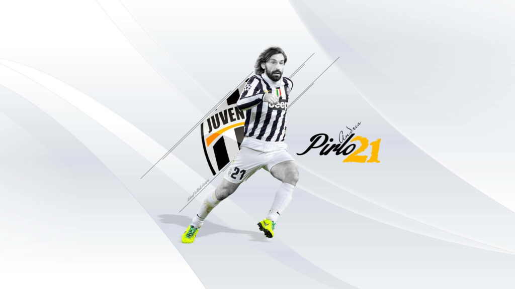 Andrea Pirlo in Juventus kit with signature and number 21 on sleek white wallpaper background