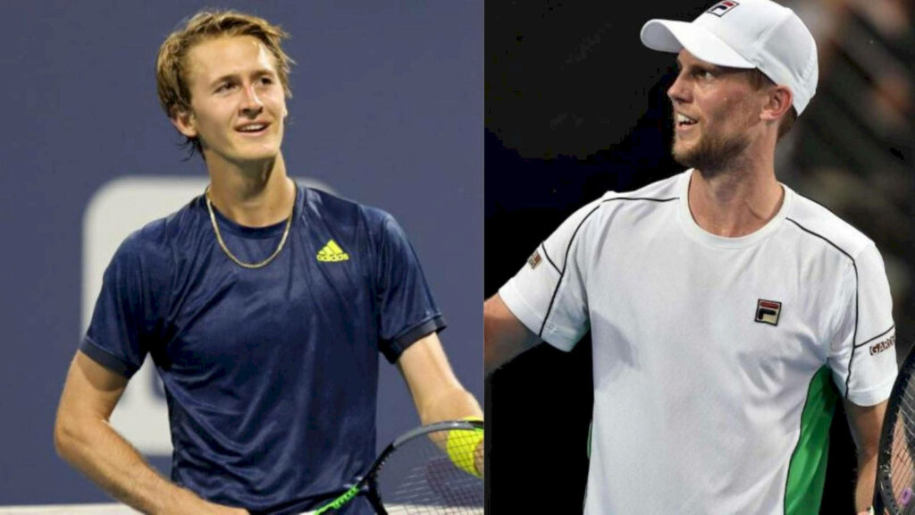 Andreas Seppi and Sebastian Korda focused on court during intense tennis match wallpaper background