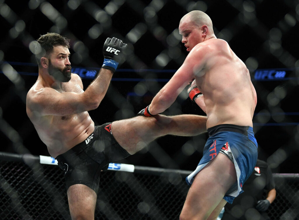 Andrei Arlovski executes powerful kick in intense UFC 222 London octagon fight action wallpaper