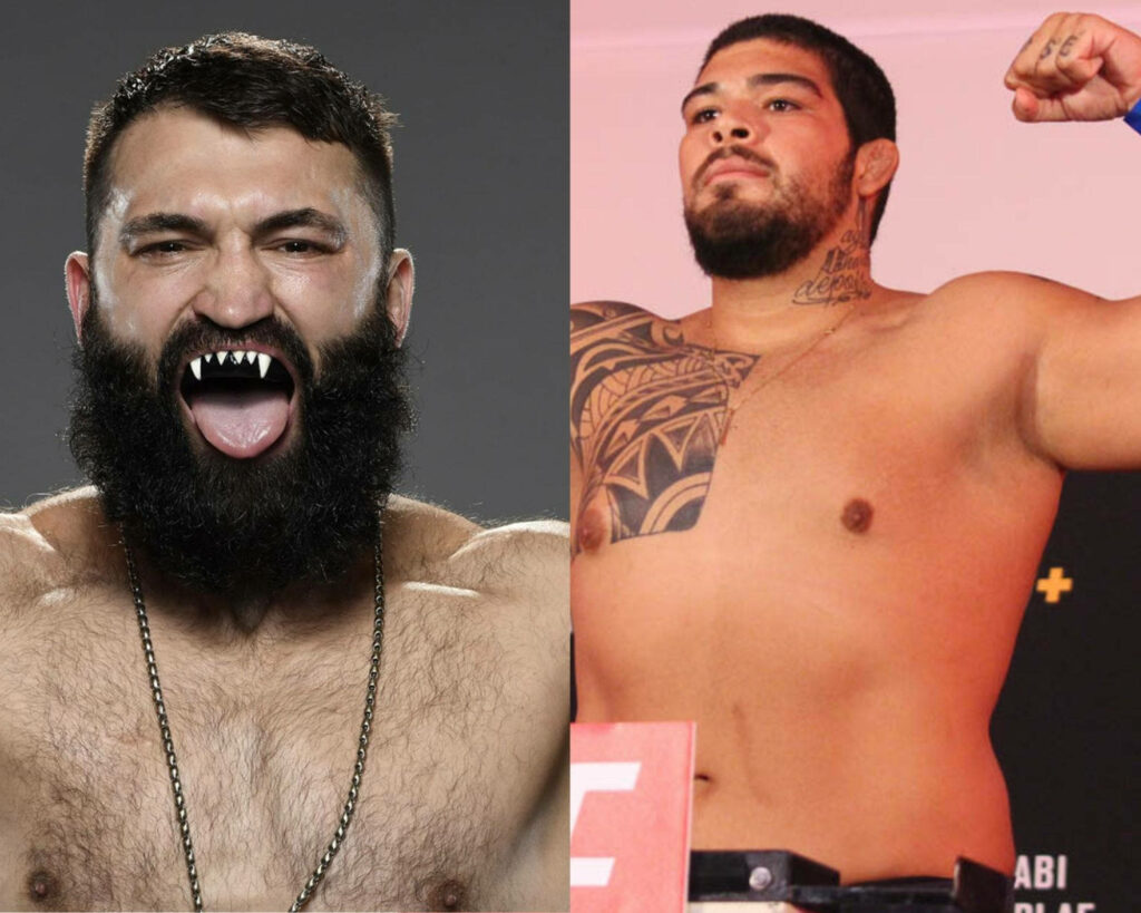 UFC fighters Andrei Arlovski and opponent intense face off showing determination and readiness Wallpaper