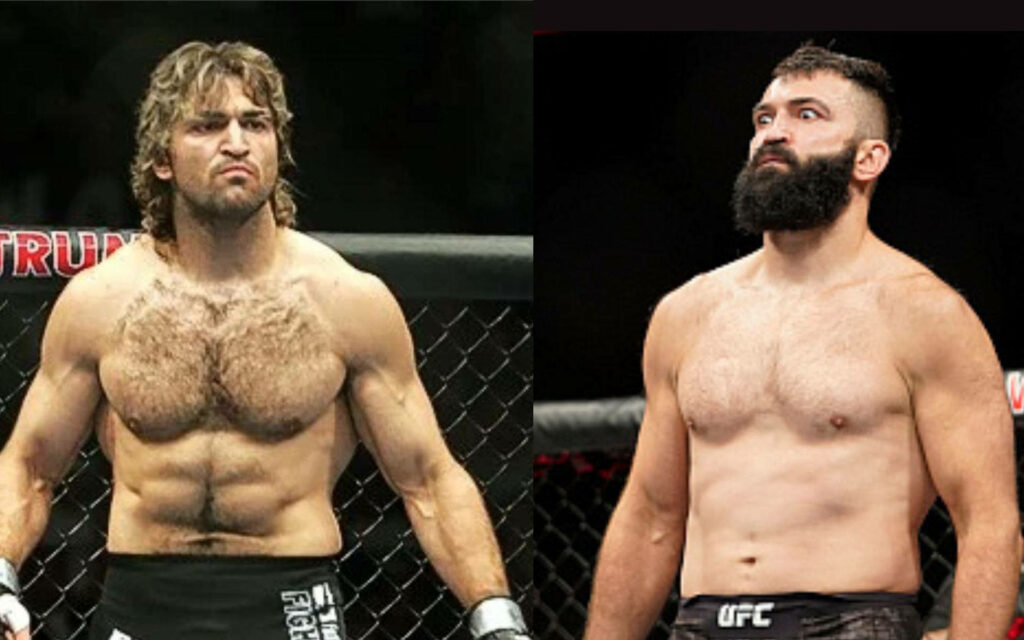 MMA fighters Andrei Arlovski and opponent ready to fight inside UFC arena wallpaper background
