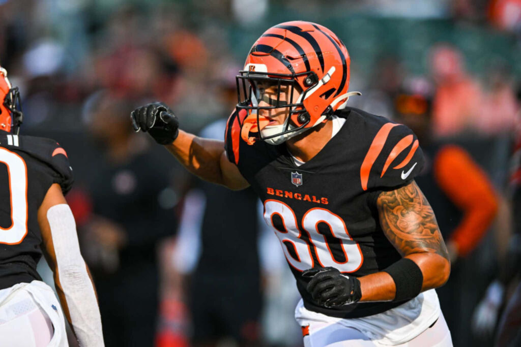 Andrei Iosivas Bengals celebrating on field intense football moment dynamic game wallpaper