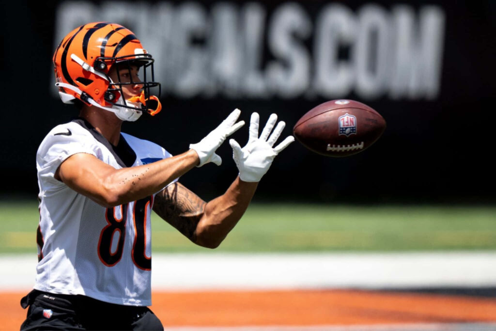 Andrei Iosivas Bengals focused catching football during practice showcasing athleticism wallpaper