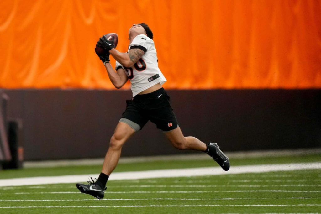 Andrei Iosivas athletic football catch in action vibrant dynamic wallpaper background