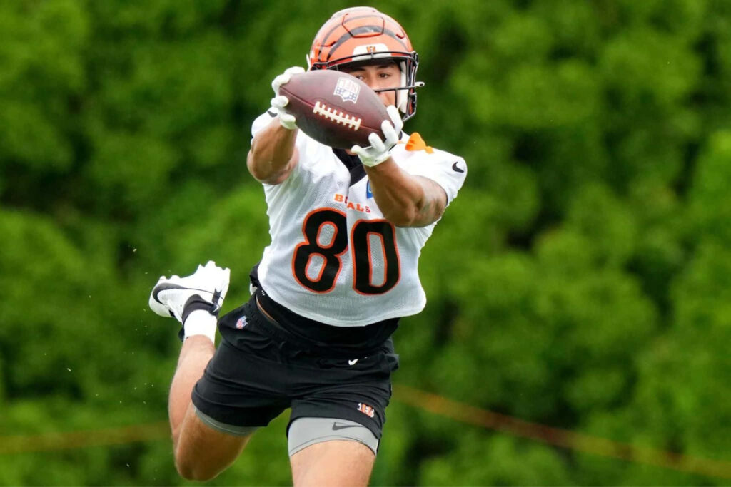 Andrei Iosivas wearing number 80 catches football in green field during practice action shot Wallpaper
