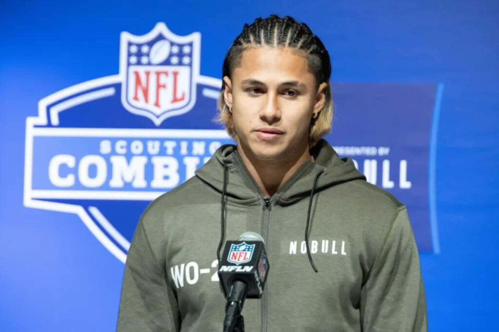 Andrei Iosivas speaking at NFL Scouting Combine press conference with event logo backdrop Wallpaper