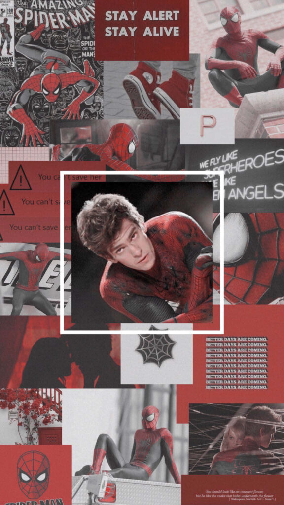 Andrew Garfield smiling as Spider-Man with dynamic red comic and movie collage wallpaper background