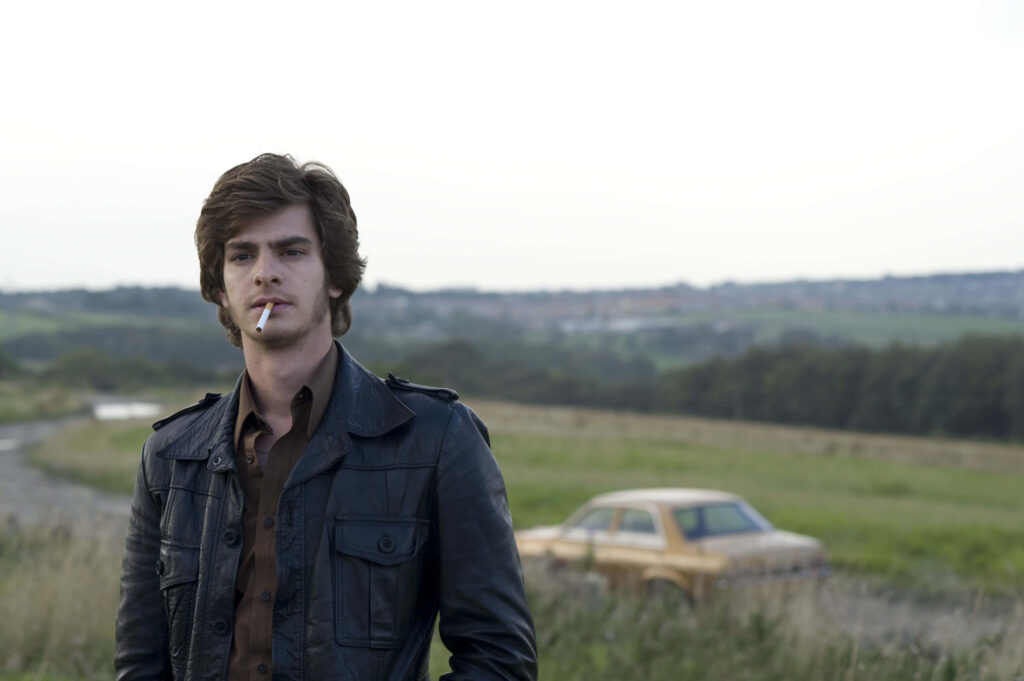 Andrew Garfield smoking cigarette outdoors rural landscape old yellow car vintage wallpaper background