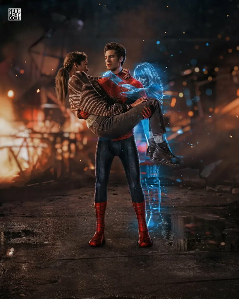 Andrew Garfield Spider-Man holds woman with blue ghost figure in dramatic fiery emotional scene wallpaper