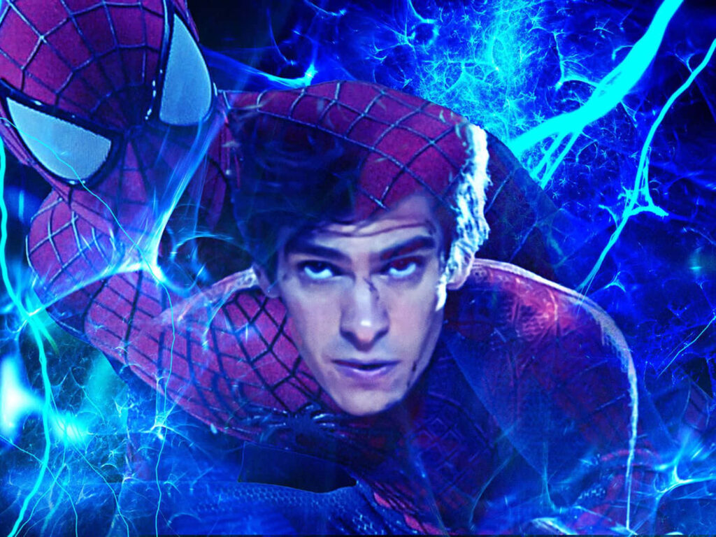 Andrew Garfield as Spider-Man in dynamic pose with electrifying blue background wallpaper