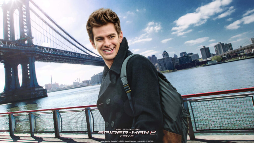 Andrew Garfield as Spider Man near waterfront with George Washington Bridge Amazing Spider Man 2 wallpaper