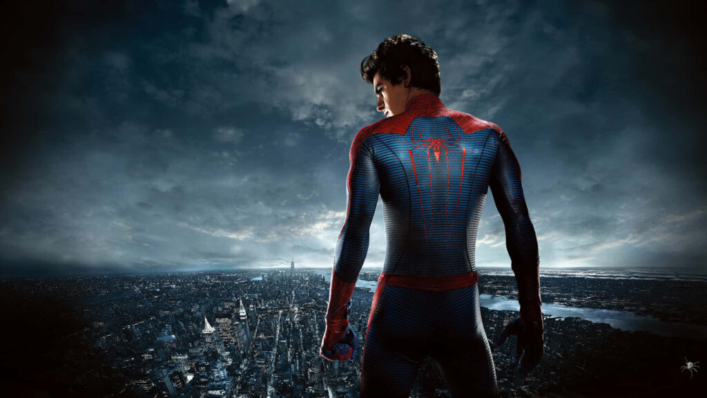 Andrew Garfield as Spider-Man overlooking city skyline heroic pose The Amazing Spider Man 2 Wallpaper