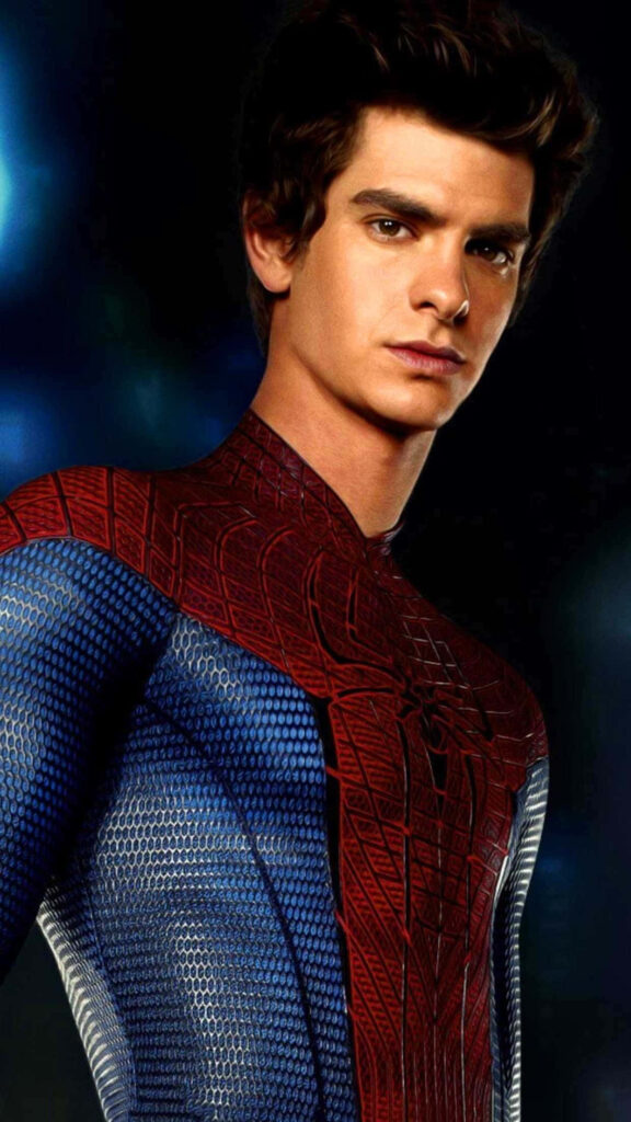 Andrew Garfield as Spider-Man in detailed red blue suit without mask against dark background Wallpaper