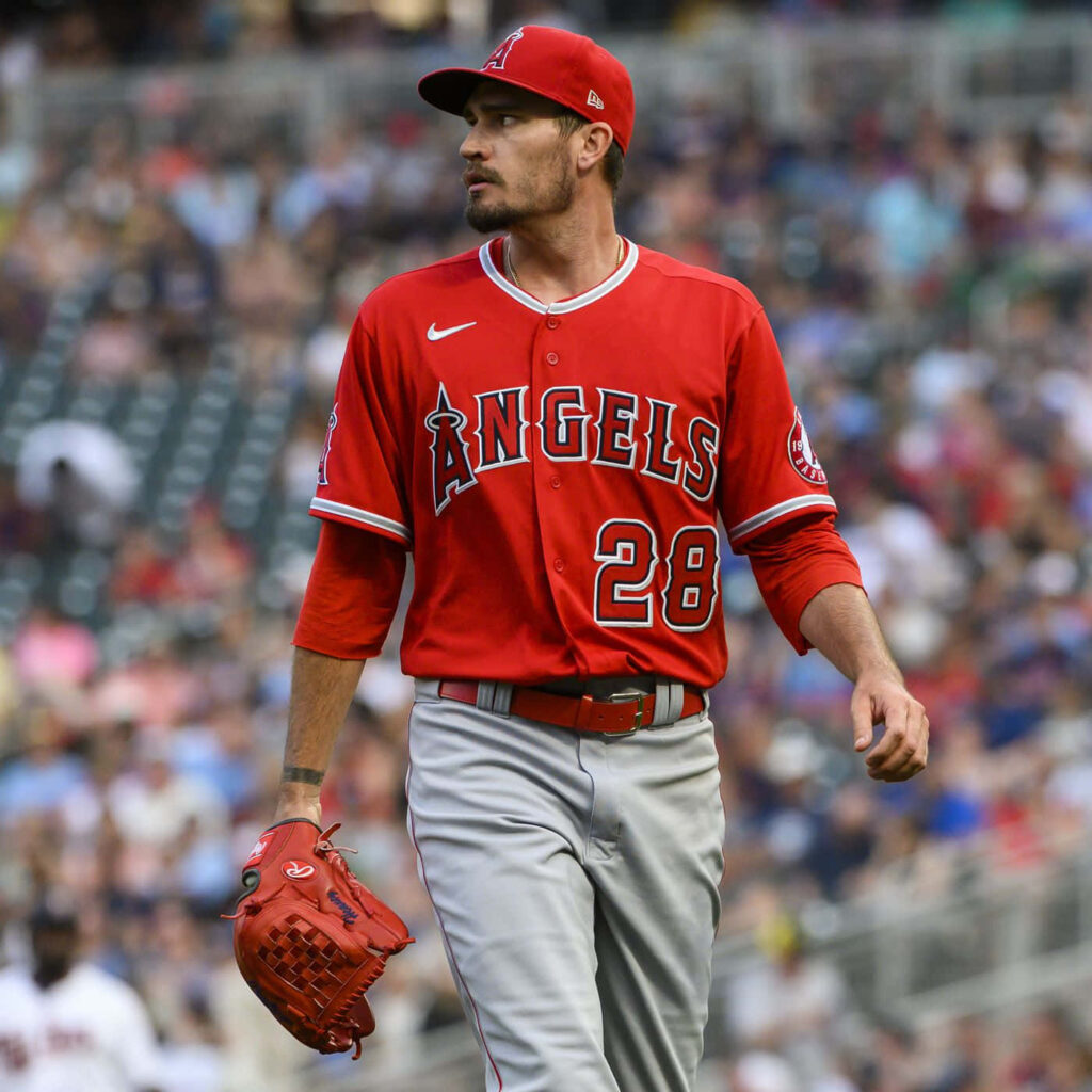 Andrew Heaney Angels baseball player number 28 walking focused on field during game wallpaper