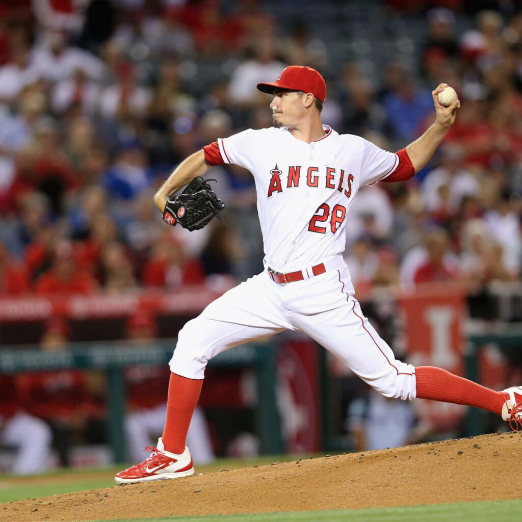 Andrew Heaney Angels pitching action intense baseball game dynamic wallpaper background