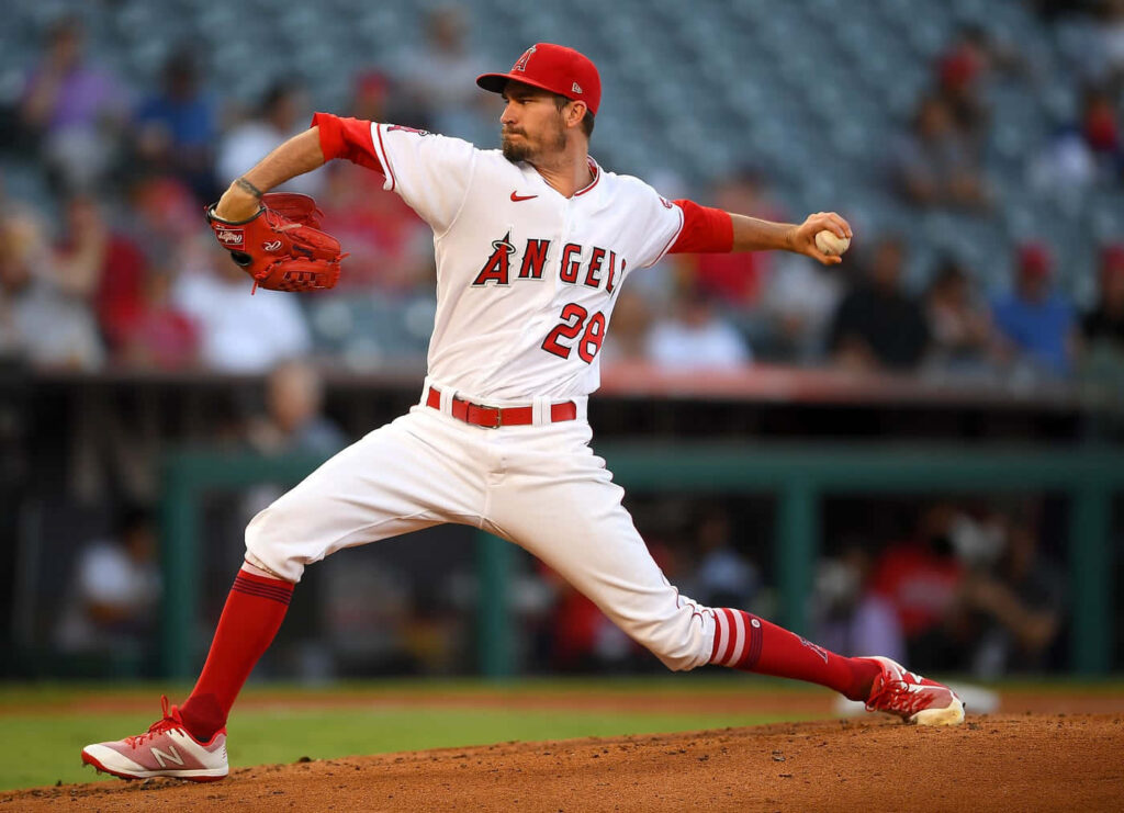 Andrew Heaney Angels pitching intensely on mound during game dynamic form wallpaper background