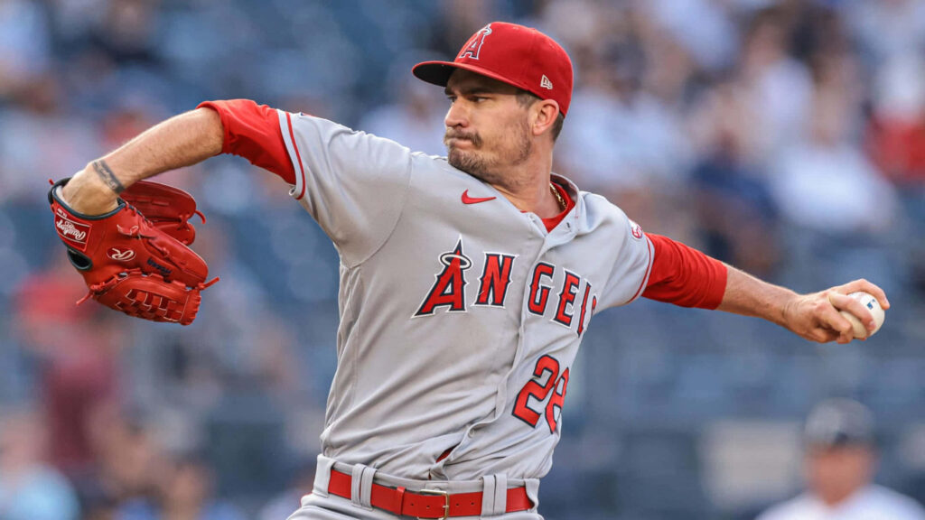 Andrew Heaney pitching in Los Angeles Angels uniform during professional baseball game action Wallpaper