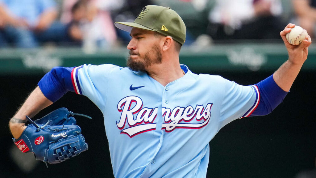 Andrew Heaney Texas Rangers pitching in light blue uniform dynamic baseball wallpaper background