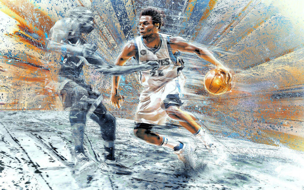Andrew Wiggins dribbling basketball vibrant digital painting wallpaper with dynamic artistic effects