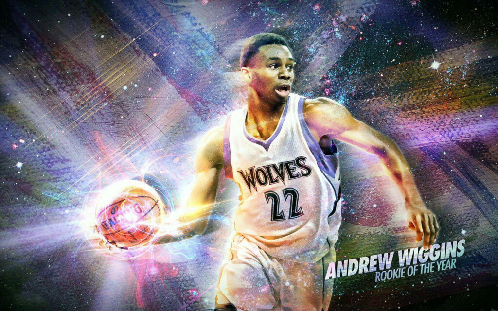 Andrew Wiggins dribbling basketball in colorful cosmic Wolves jersey vibrant energy light effects wallpaper