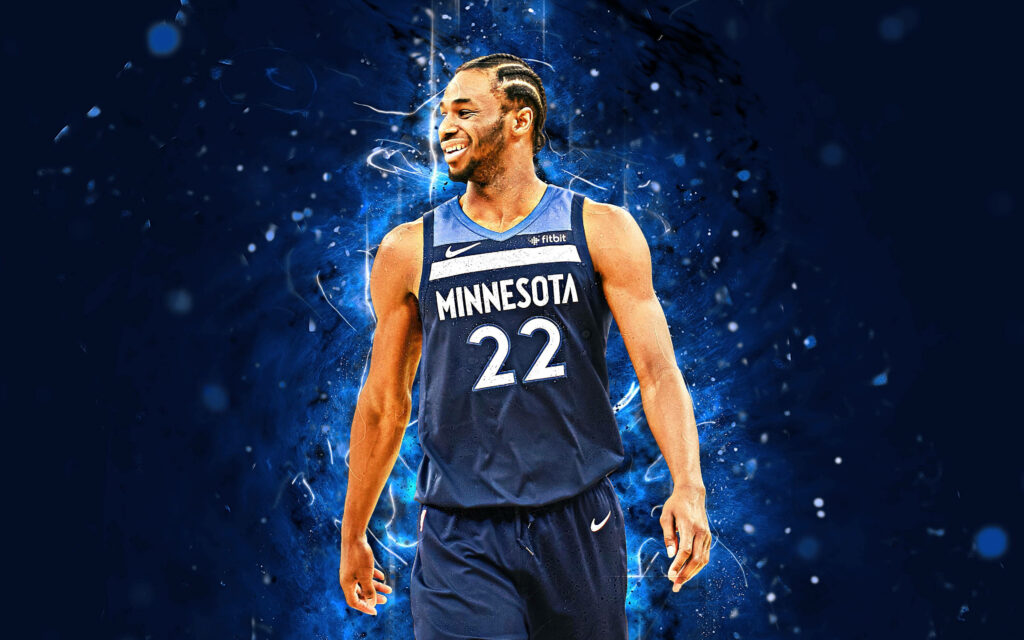 Andrew Wiggins in Minnesota Timberwolves jersey with neon lights and blue artistic effects background Wallpaper
