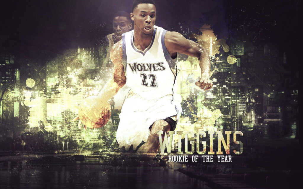 Andrew Wiggins Minnesota Timberwolves rookie of the year wallpaper with vibrant city background