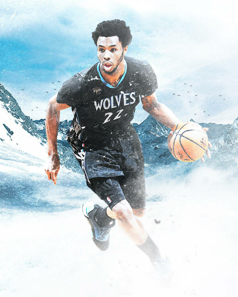 Andrew Wiggins dribbling basketball Timberwolves uniform dynamic snowy mountain background wallpaper