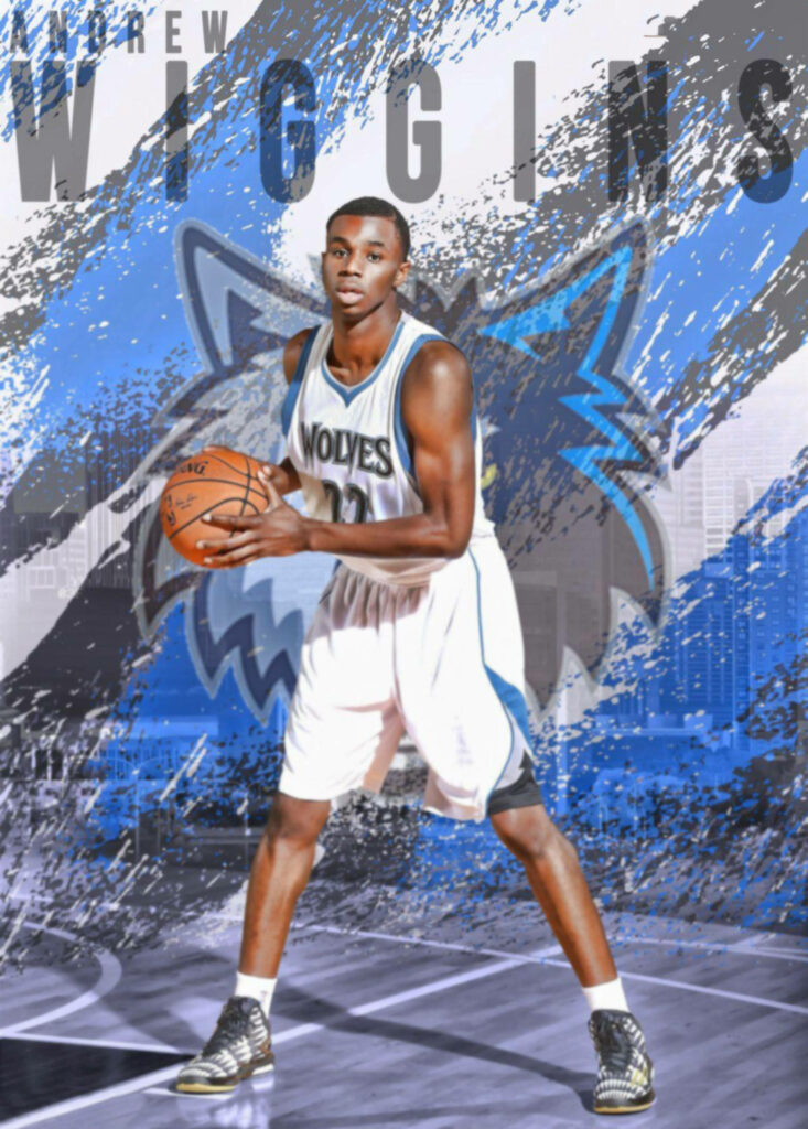 Andrew Wiggins Timberwolves dynamic artwork wallpaper bold blue white background Timberwolves logo