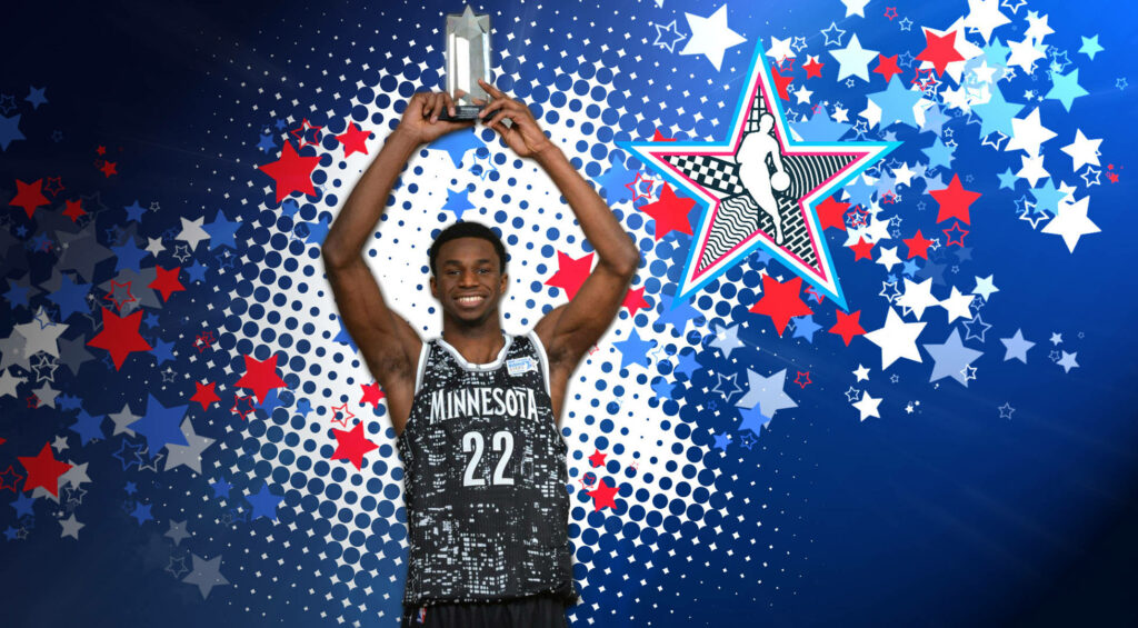 Andrew Wiggins holding basketball trophy celebrating achievement with vibrant starry background Wallpaper