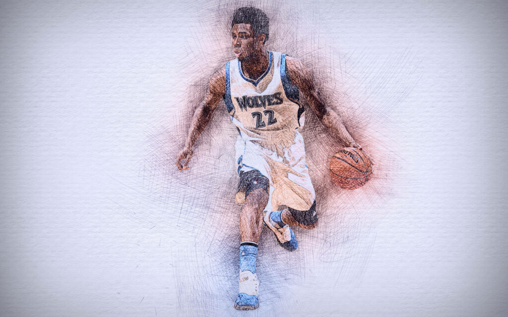 Andrew Wiggins detailed sketch art in Minnesota Wolves jersey showing dynamic basketball action Wallpaper
