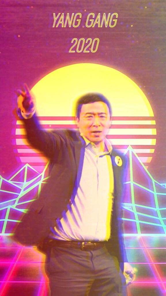 Andrew Yang in neon 80s synthwave style retro wallpaper with glowing sunset and Yang Gang 2020 text