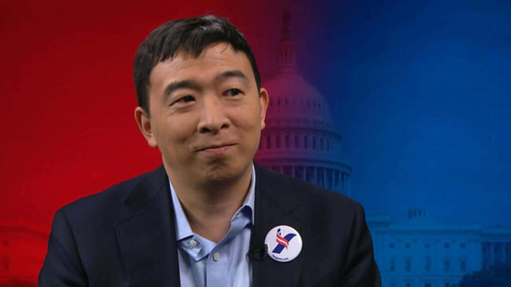 Andrew Yang democracy wallpaper with Capitol building red and blue unity background
