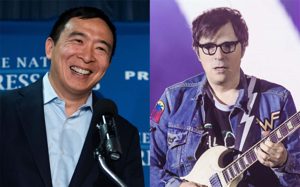 Andrew Yang smiling at podium and Rivers Cuomo performing guitar on stage split image wallpaper