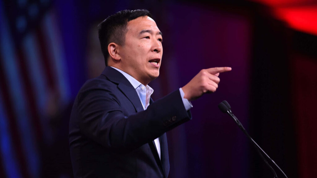 Andrew Yang speaking at Black Lives Matter rally vibrant wallpaper background for activism support