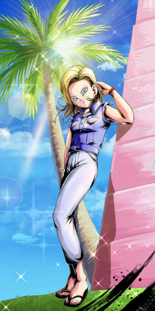 Android 18 from Dragon Ball stands confident outdoors with blue sky palm tree and pink tower background Wallpaper