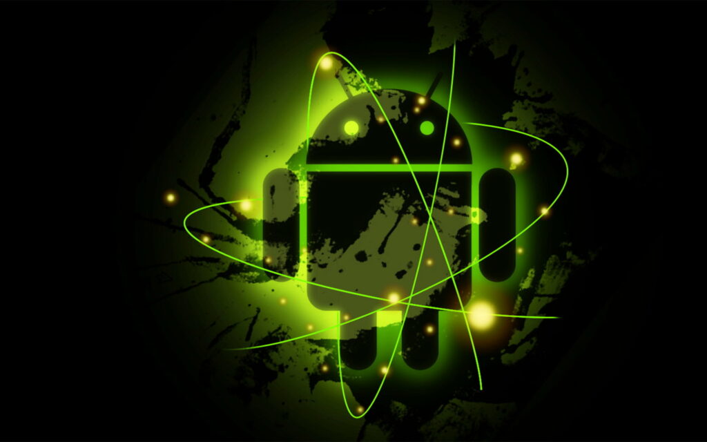 Android wallpaper with neon green Bugdroid mascot on dark textured background and atomic lines