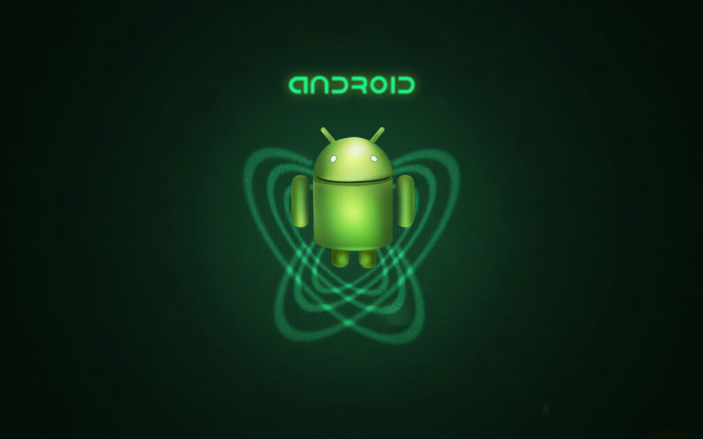 4K Android wallpaper featuring green robot with glowing energy rings on emerald background