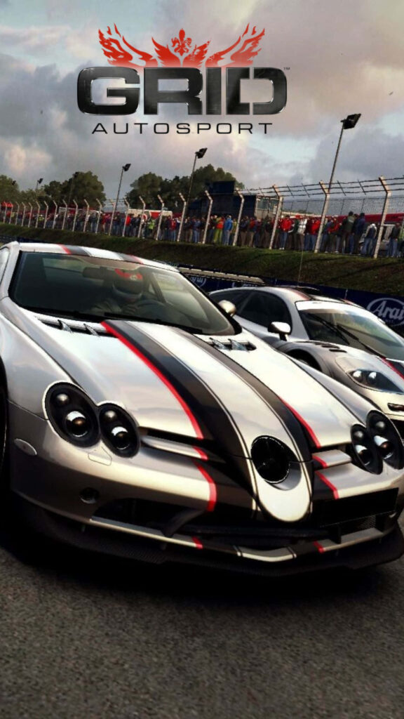 Intense Grid Autosport wallpaper: Silver sports car in race-mode with red accents on racetrack background