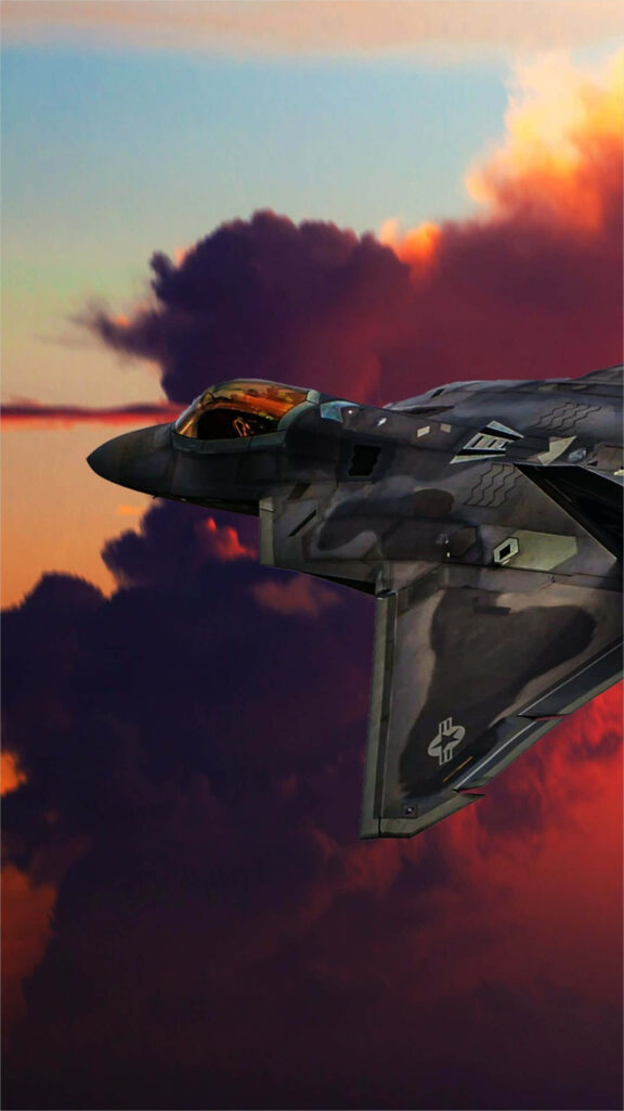 Purple-Reddish Cloudscape: Majestic F-22 Raptor Soars in Jumbo Jet Fantasy Wallpaper